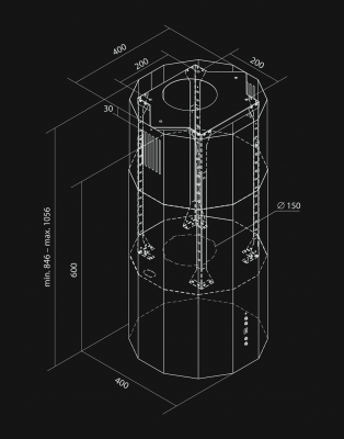 Hota insula Viva Black Matt - Negru Mat - Rysunek techniczny