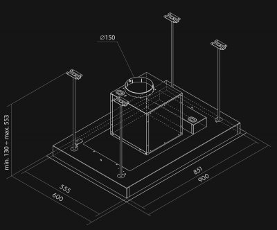 Hota De tavan Planet Black Matt - Negru Mat - Rysunek techniczny