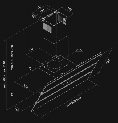 Hota decorative Merido Black - Negru lucios - Rysunek techniczny