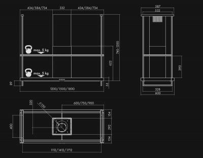 Hota insula Centropolis Premium Glass Black Matt - Negru Mat - Rysunek techniczny 2