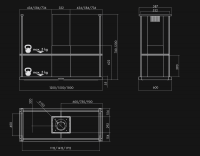 Hota insula Centropolis Elite Wood Black Matt - Negru Mat - Rysunek techniczny 2