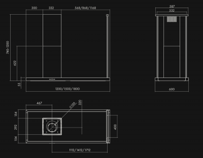 Hota insula Metropolis Black Matt - Negru Mat - Rysunek techniczny